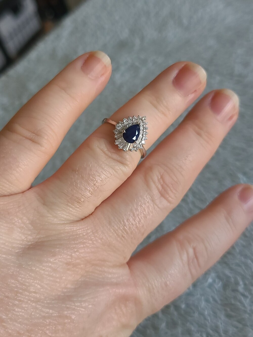 Pear Cut Navy Blue Sapphire Halo Ring In Sterling Ailver